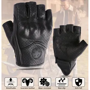 Summer Vintage Genuine Leather Motorcycle Half Finger Gloves For Men Women Breathable Anti Fall Riding Gear For Motorbike Racing Cycling Outdoor Sports Shock Absorbent Comfortable Wear Resistant Protection