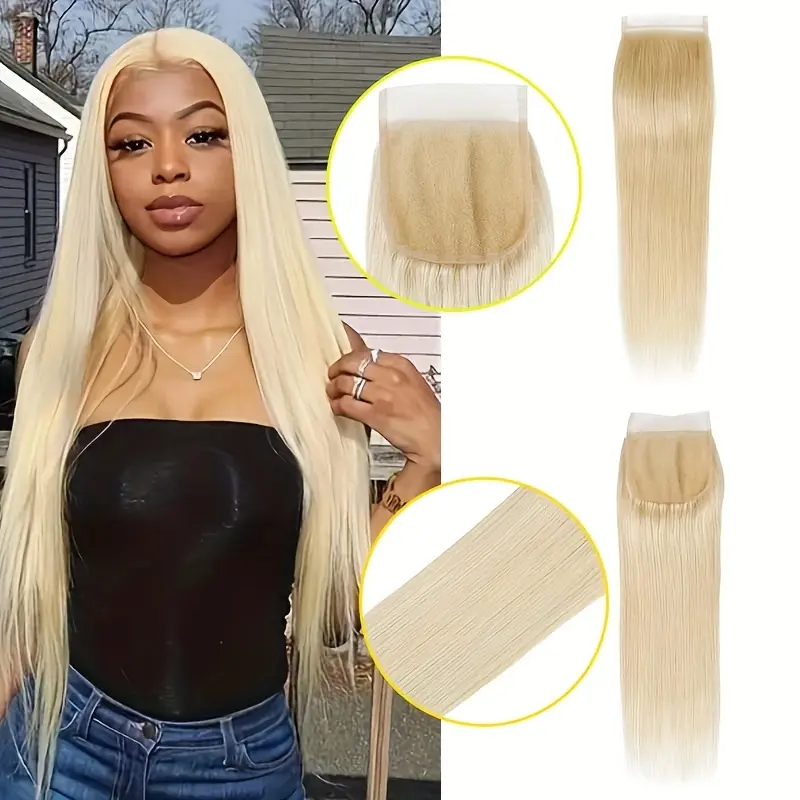Wholesale NEW Arrived New 2025 Arrivals 1pc Brazilian Remy Human Hair Straight Lace Closure, 4x4 Transparent Lace Front, 0.92-1.2 oz Weight, 613 Blonde, Women'S Natural Hairpiece