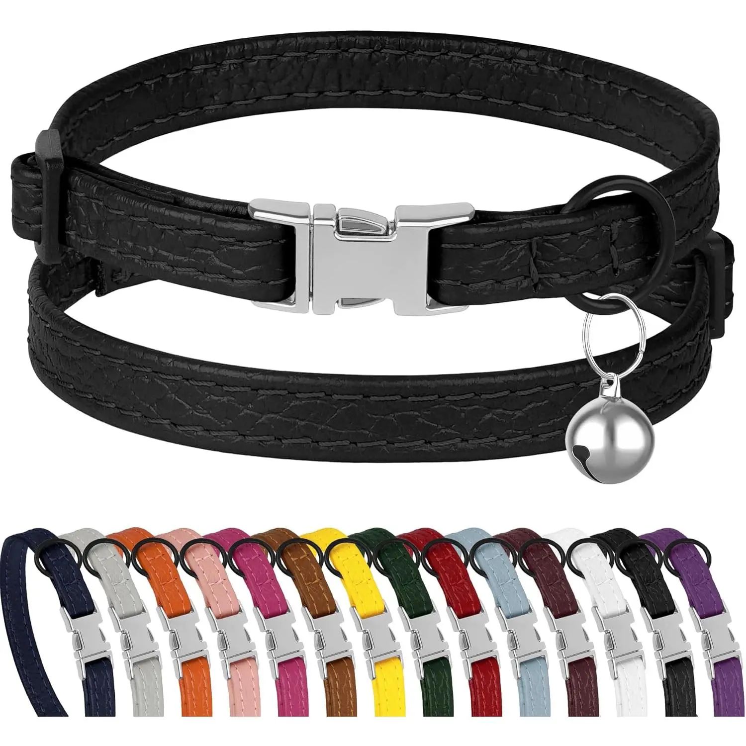 Soft Adjustable Leather Cat Collar with Buckle, Removable Bell - Non-Breakaway Safety Collar for Kittens (Black), Collars