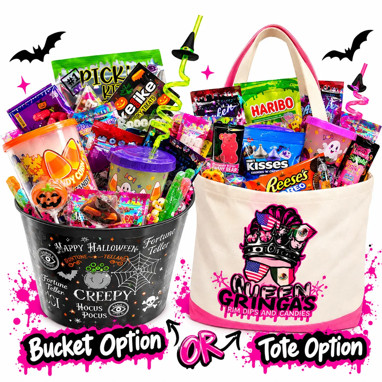 Gringa's Halloween Tote or Bucket Combo Kit - Ambient Horror Themed Gifts, Assorted Candies, Random Candy Pack, Pickle Kit, Adult Snacks, Halloween T-Shirt