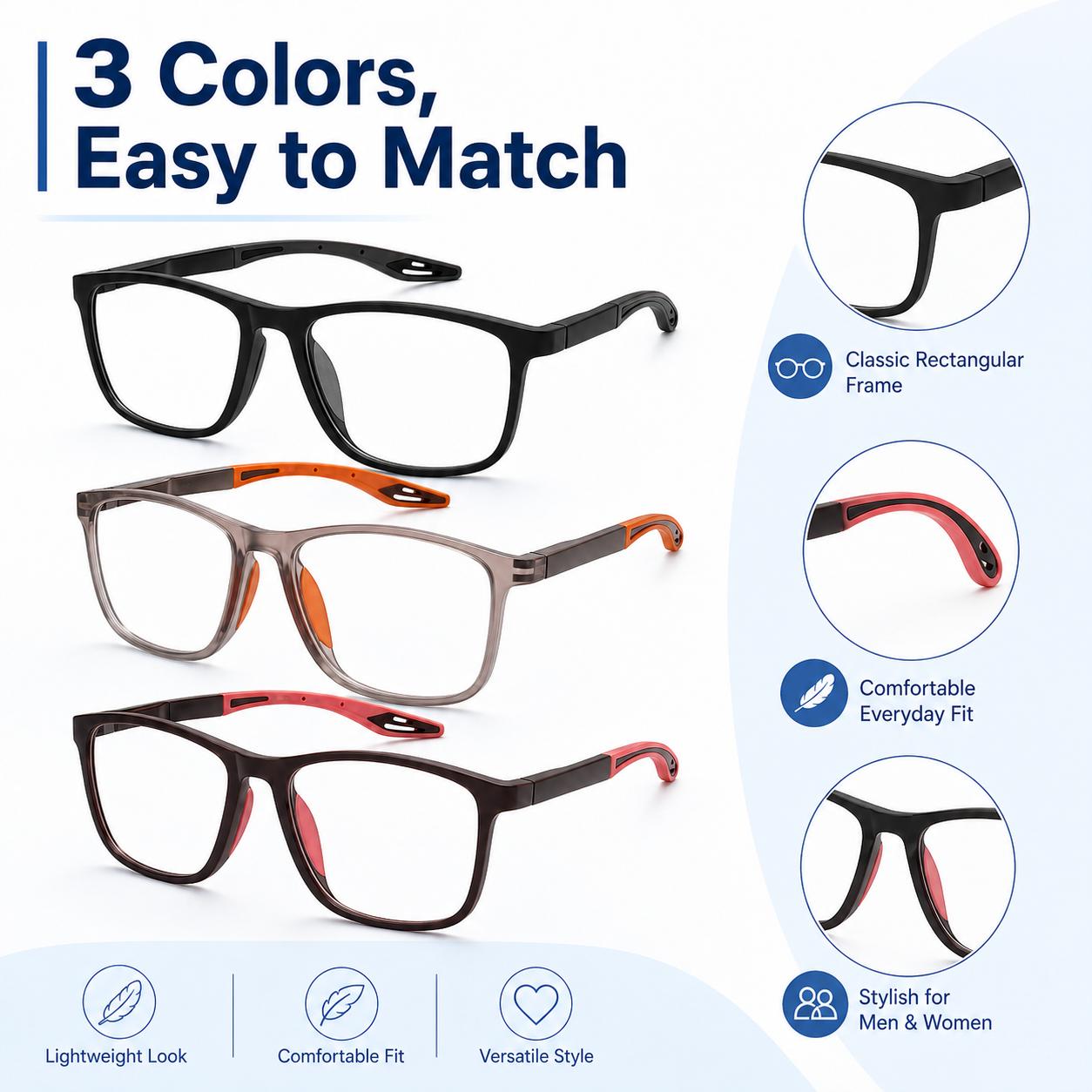 ViewSelect Blue Light Blocking Progressive Reading Glasses with Spring Hinge - HD Anti-Fatigue Computer Readers for Men & Women (Black, Orange, Clear)