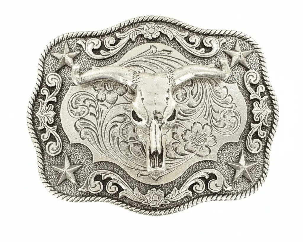 Cowboy Belt Buckle - Steer Skull Western Design with Scrolling Pattern & Rope Edge, Buckles for Men's Belts Including Casual, Concho, Decorated Styles, Buckles Men's Belts