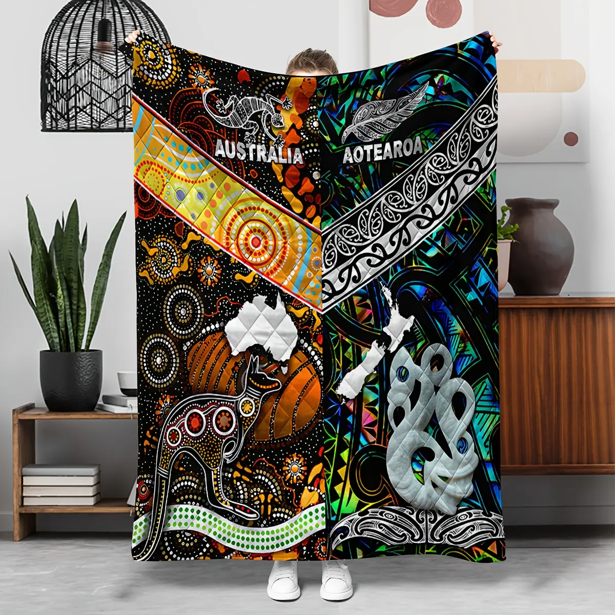 1Pc Aboriginal-Maori Cultural Art Oversize Soft Flannel Throw Blanket - Australian & New Zealand Indigenous Animal Motifs: Kangaroo, Tasmanian Devil, Kiwi Bird, Fern Leaf - All Seasons Home Decor Gift For Bed, Couch, One-Piece