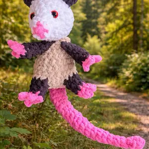 Crochet Opossum Plushie - Adorable Handmade Toy with Pink Tail and Black Paws for Kids and Collectors