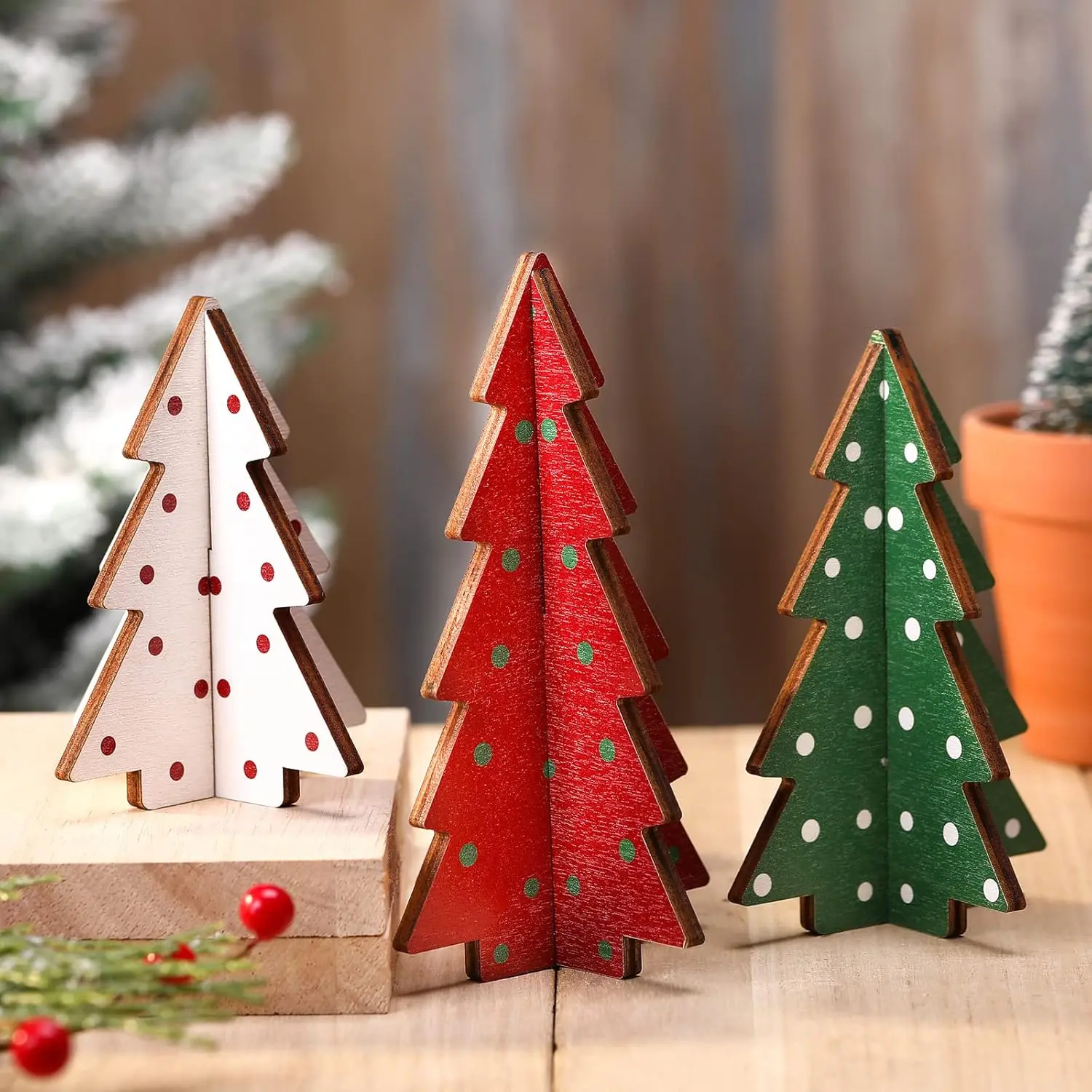 Christmas Decor 3 Pieces Wood Table Rustic Christmas Tree Farmhouse Wooden Xmas Centerpiece for Small Table Xmas Trees Red Green Tiered Tray Party Decoration