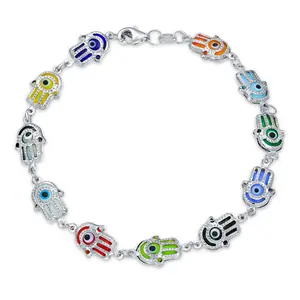 .925 Sterling Silver Dainty Turkish Multi Color Yellow Red Blue Hamsa Hand and Evil Eye Charm Bracelet