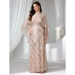 Elegant powder blusher sequin evening dress, with transparent long sleeves, slim waist design, very suitable for formal occasions, elegant formal dress, decorative dressRAIMENTRY