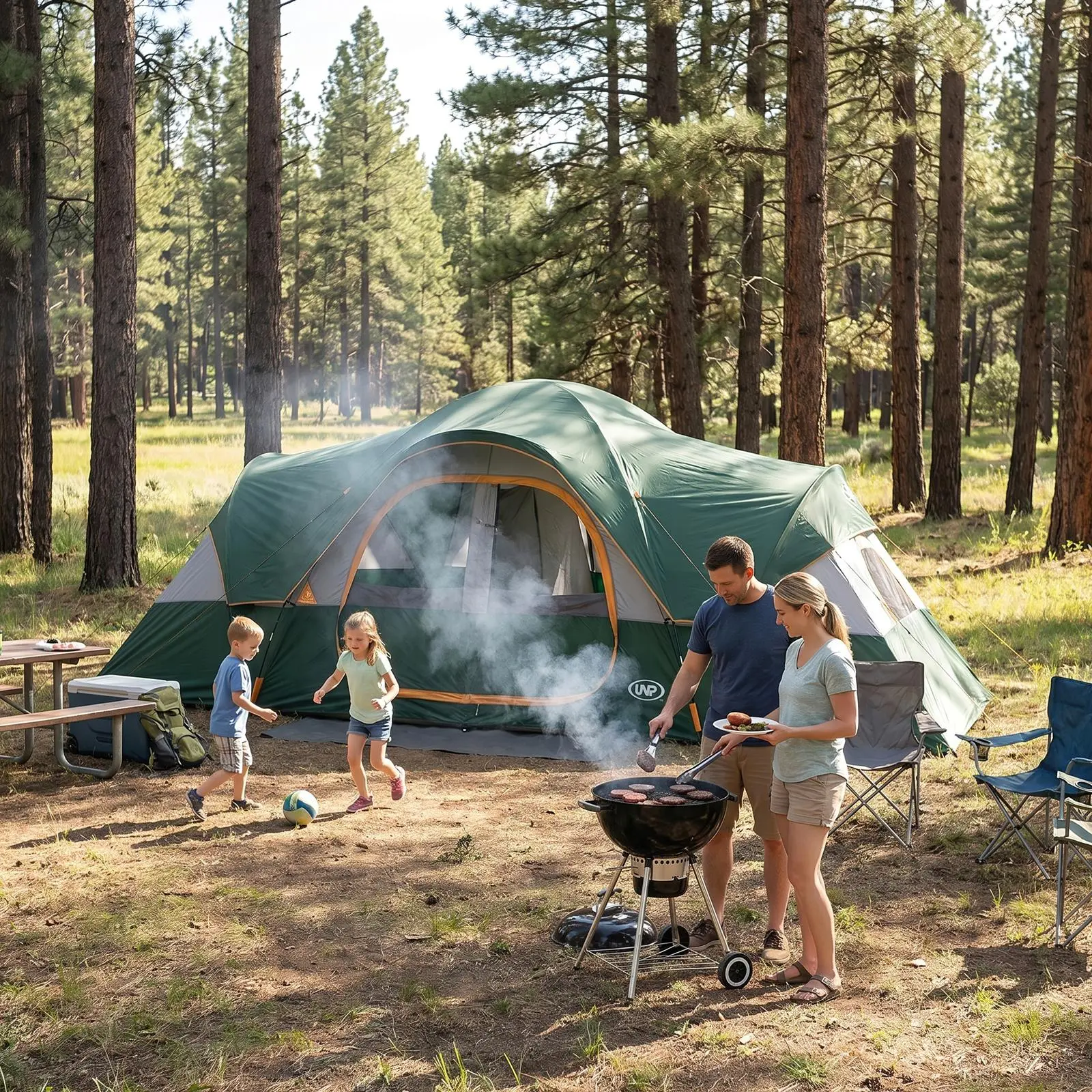UNP Camping Tent 10-Person-Family Tents, Parties, Music Festival Tent, Big, Easy Up, 5 Large Mesh Windows, Double Layer, 2 Room, Waterproof, Weather Resistant, 18ft x 9ft x78in essentials quick setup inflatable father day trip