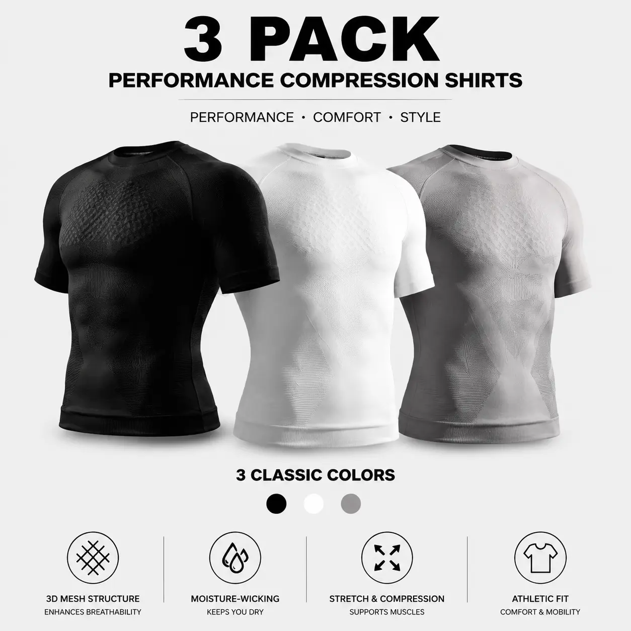 Men's 3-Pack Compression Shirts Short Sleeve Athletic Base Layer Tops