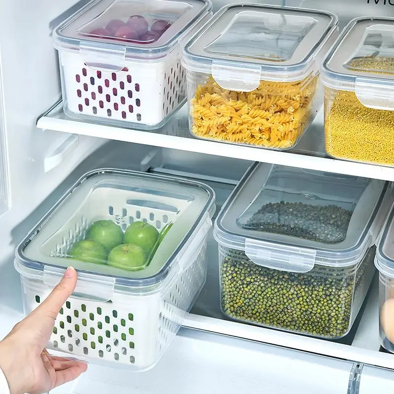 6pcs(3 box+3 lids) Refrigerator Storage Box Fridge Organizer Fresh Vegetable Plastic Fruit Storage Fruit Drain Basket Storage Container Containers With Lids Dry Food Storage Pantry Kitchen Organizer