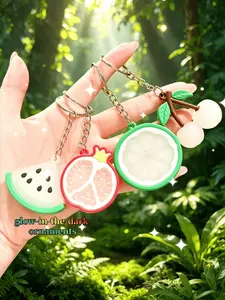 4Pcs Cute Glow in the Dark Fruit Keychain Set, Luminous Watermelon Pomegranate Lemon Cherry Cartoon Keychain, Kawaii Aesthetic Bag Purse Charm, Durable Anti-Lost Key Holder for Women Girls Kids Teens Backpack Car Keys Birthday Gift Party Favors