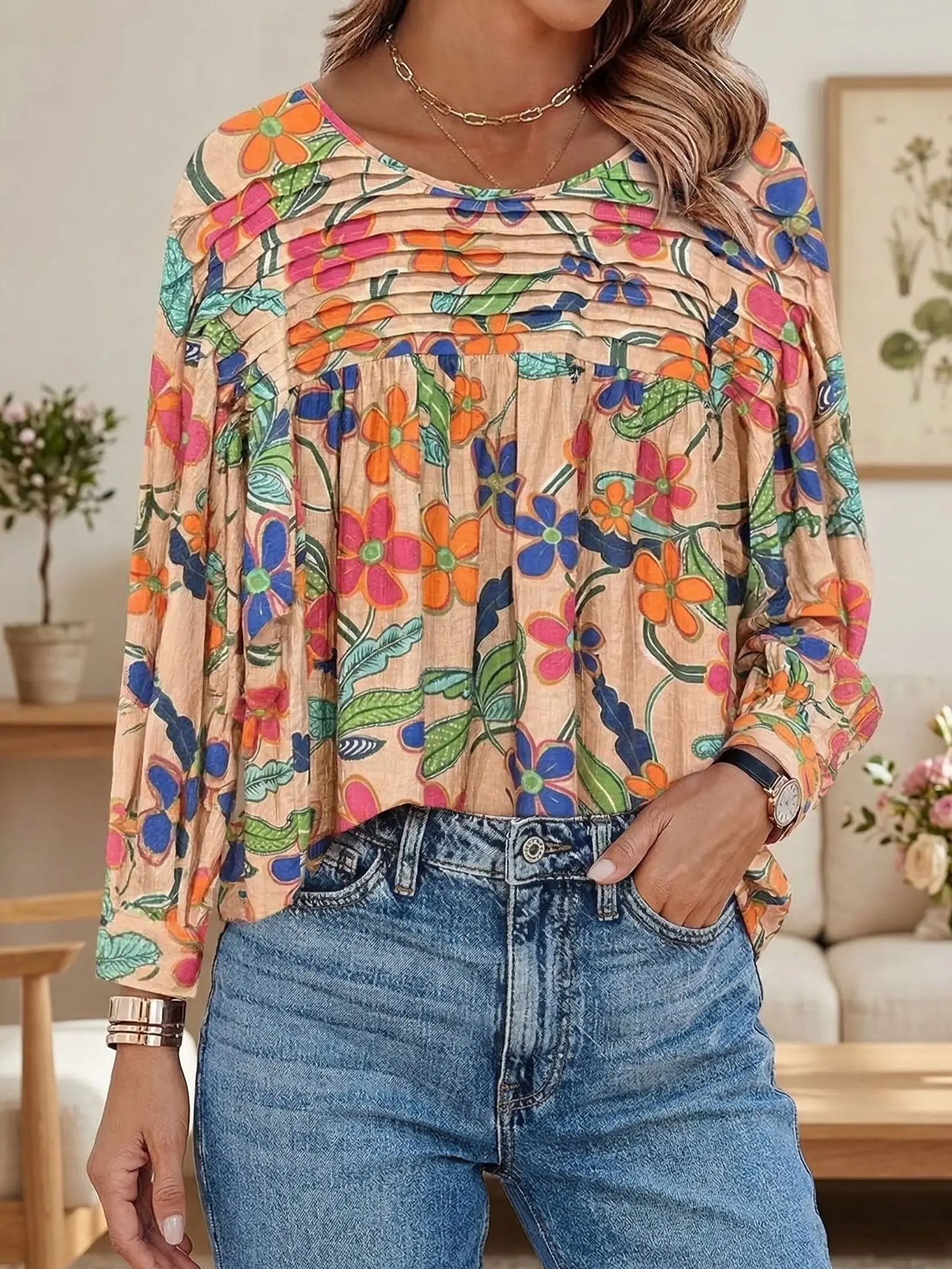 Women's Elegant Aesthetic Minimalist Bohemian Long Sleeve Petal Pleated Blouse - Lightweight Breathable Fabric, 70s Floral Print, Puffed Sleeves, Keyhole Back, Fits Denim Tops/Shirts, Ideal for Beach, Festivals, Cute Tops For Women