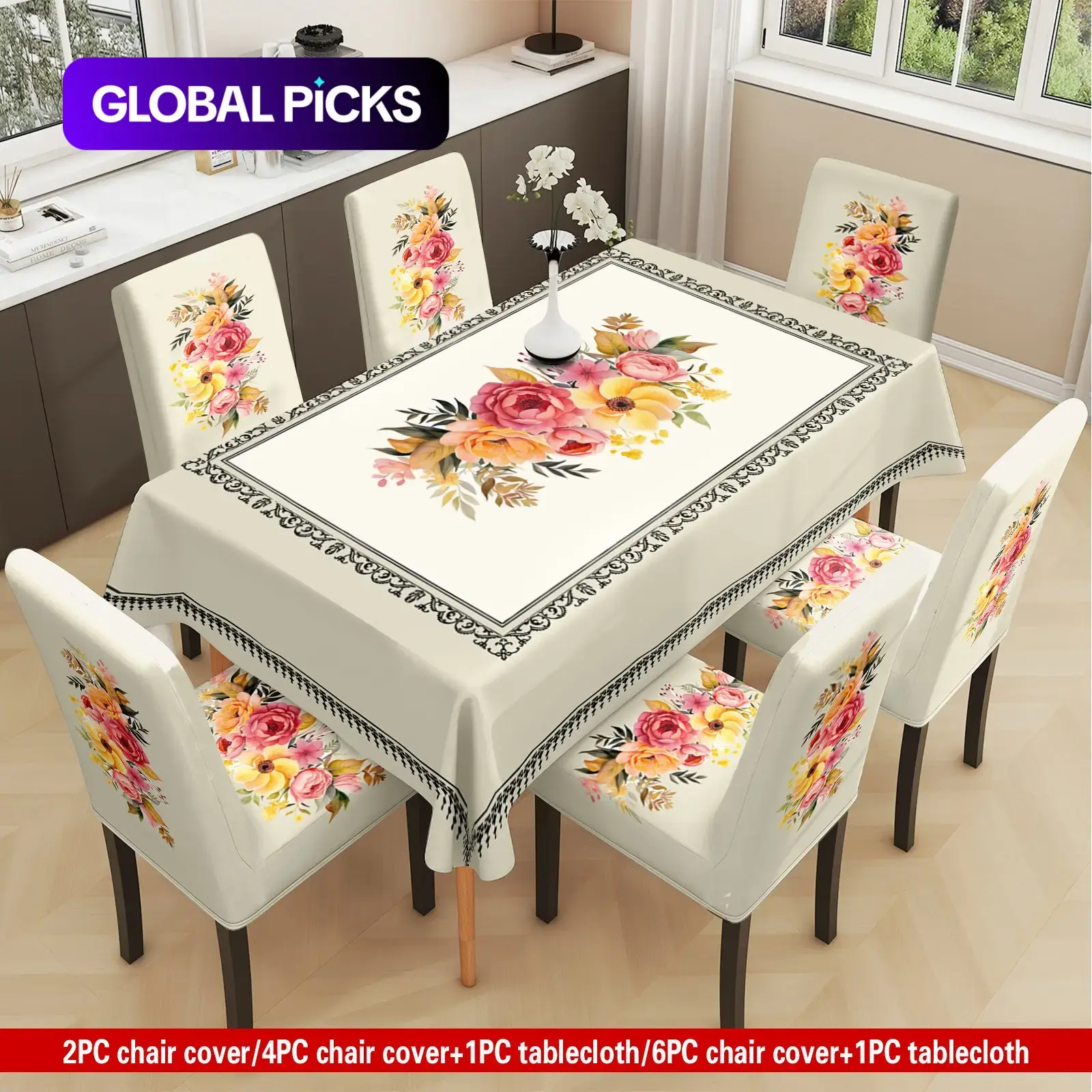 2/5/7 PCS Floral Print Dining Chair and Table Cover Set, Dining Chair Protectors, Elastic Polyester Slipcovers with Elastic Band, Removable and Washable, Suitable for Home, Restaurant and Hotel Decor #GLOBAL PICKS
