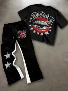 Men's Casual Versatile Set Diamond Lip Print Short Sleeve Long Pants, American Hip Hop Side Color Block Striped Streetwear