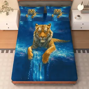3-Piece Starry Sky Tiger Waterfall Dream Bedding Set (1 Bed Sheet + 2 Pillowcases, No Core), Holiday Theme, Dreamy Bedding Set, Soft, Breathable, Suitable for Living Room, Bedroom, Office, Hotel Decoration