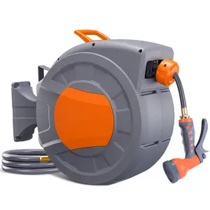 Retractable Garden Hose Reel - 9-Function Spray Nozzle, Automatic Rewind, 180° Swivel Bracket, Wall Mounted Heavy Duty Water Hose for Garden Irrigation, Wall Mount, Auto Rewind