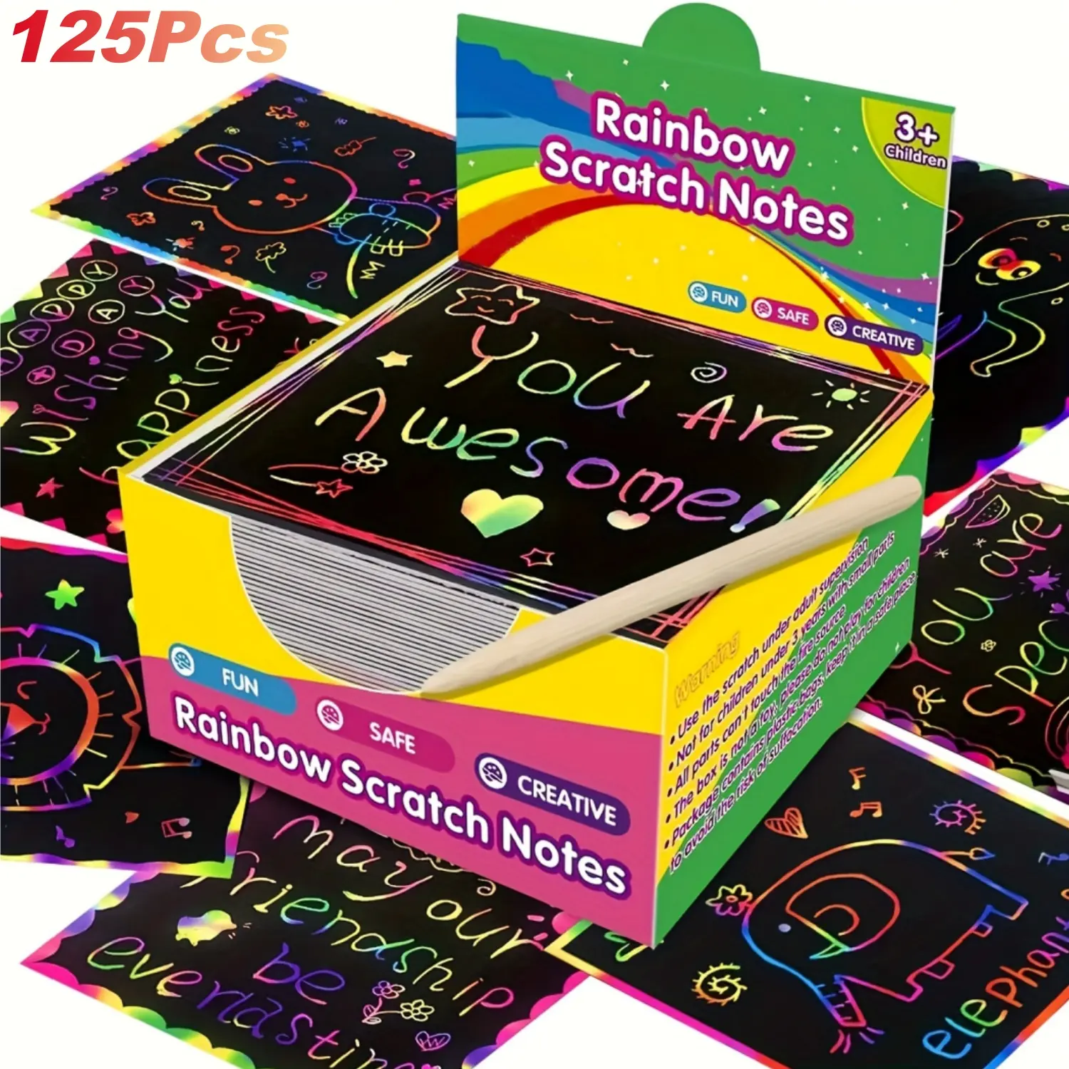125Pcs Magic Rainbow Scratch Art Paper Scratch Painting Kit With Wooden Sticks DIY Art Amazing Gift for Birthday Halloween Christmas New Year Mini Colorful Art Notes Party Favors Unique Gift for Boys Girls Rainbow Accessories Drawing Kit