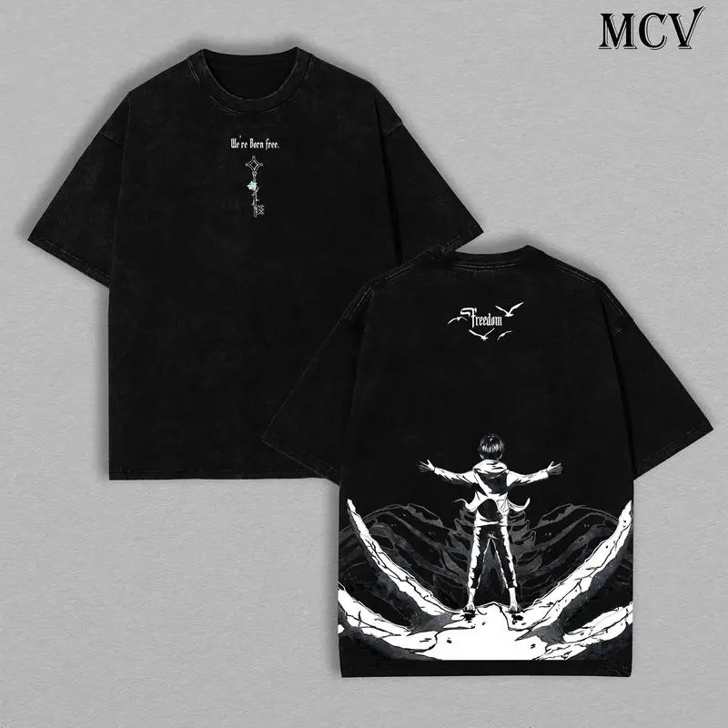 Men's Oversize Graphic T-shirt with Vintage Washed Attack on Titan Print, Distressed Short Sleeve Round Neck Streetwear, Tshirt, Shortsleeve, Menswear, Casual, Oversized, Festive, Whimsical Art, Pure Cotton