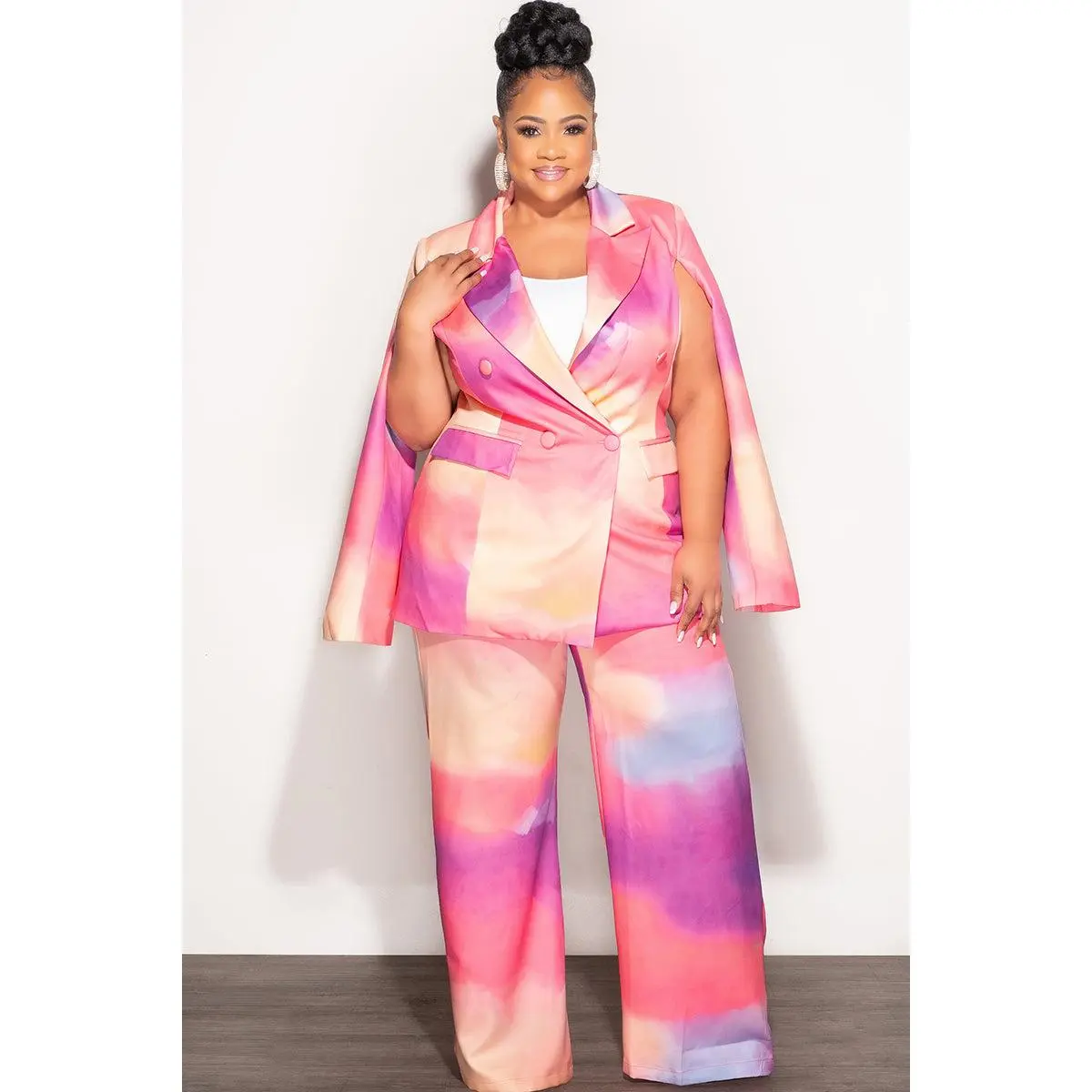 Final Sale Plus Size 2pc Cape Suit with Cut-outs Armholes Sleeves Double-Button Blazer & Pants Set in Multi-Color in Pink, Yellow, & Purple