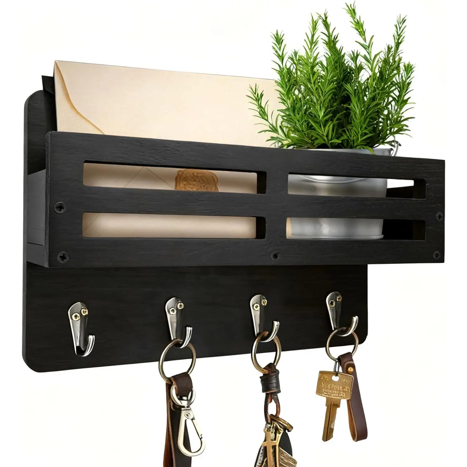 Key Holder Wall Mount, 10 inch Decorative Key and Mail Holder for Wall, with Mail Organizer & 4 Key Hooks, Rustic Wooden Key Rack for   Leash Sunglasses, Entryway Key Hanger, Black