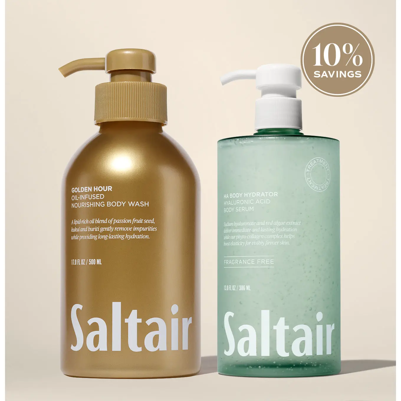 Saltair Golden Hour Cleanse & Hydrate Bundle - Golden Hour Body Wash (17 fl oz) & Hyaluronic Acid Body Serum (13 fl oz)