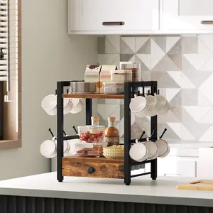 YATINEY 2-Tier Coffee Mug Holder with 12 Hooks, Coffee Bar Organizer with Pod Drawer, Versatile Desktop Storage Rack, Space-Saving, for Kitchen, Living Room #SummerVibes
