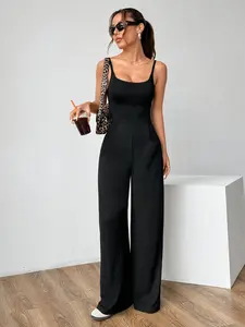 Women's Fashion Backless Strap Bodysuit, featuring backless details and sleeveless elastic one-piece, paired with straight-cut wide-leg pants. Elegant women's bodysuit, solid color for spring/summer, suitable for parties, beach & vacation, clubs, casual w