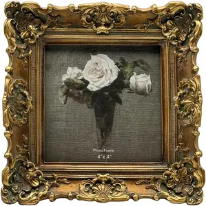 CISOO 4X4 Vintage Small Picture Frame, Antique Ornate Bronze Gold Square Photo Frame, for Table Top and Wall Display, Decorative Floral Design Retro Home Decor, Photo Gallery Art