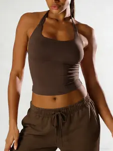 Women's Tight Sports Tank Top, Fashion Comfort Plain Neck Wide Strap Halter Yoga Backless Fitness Outdoor Running Top with Padded Bra