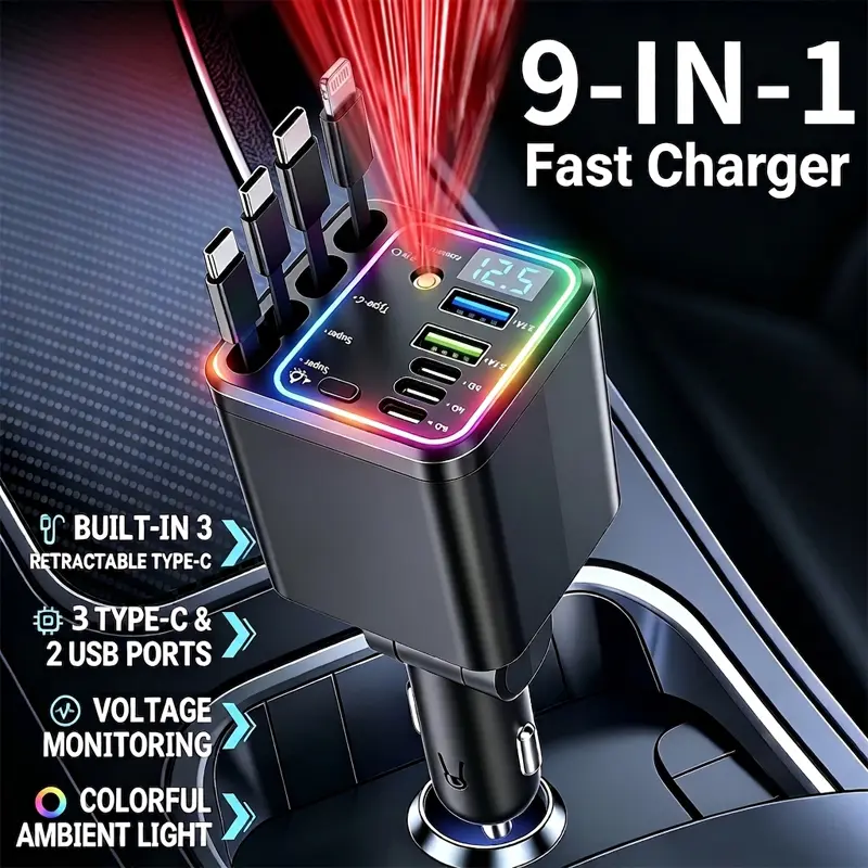 9 in 1 Car Charger: 120W Fast Charging Station with 4 Retractable Cables & 5 Ports&Atmosphere Lamp | LED Voltage Display & RGB Light | Car Accessories for iPhone 17/16 Series, Galaxy S25/S24, MacBook Pro/Air, iPad, and More | Road Trip Essentials