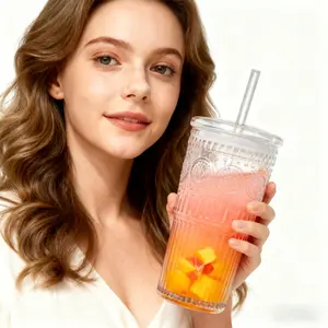 2PCs Vintage Glass Iced Coffee Cup With Lids and Straws,24 oz High Borosilicate Glass Tumbler for Water Smoothie Juice Drinks Aesthetic Engraved Mug Drinkware