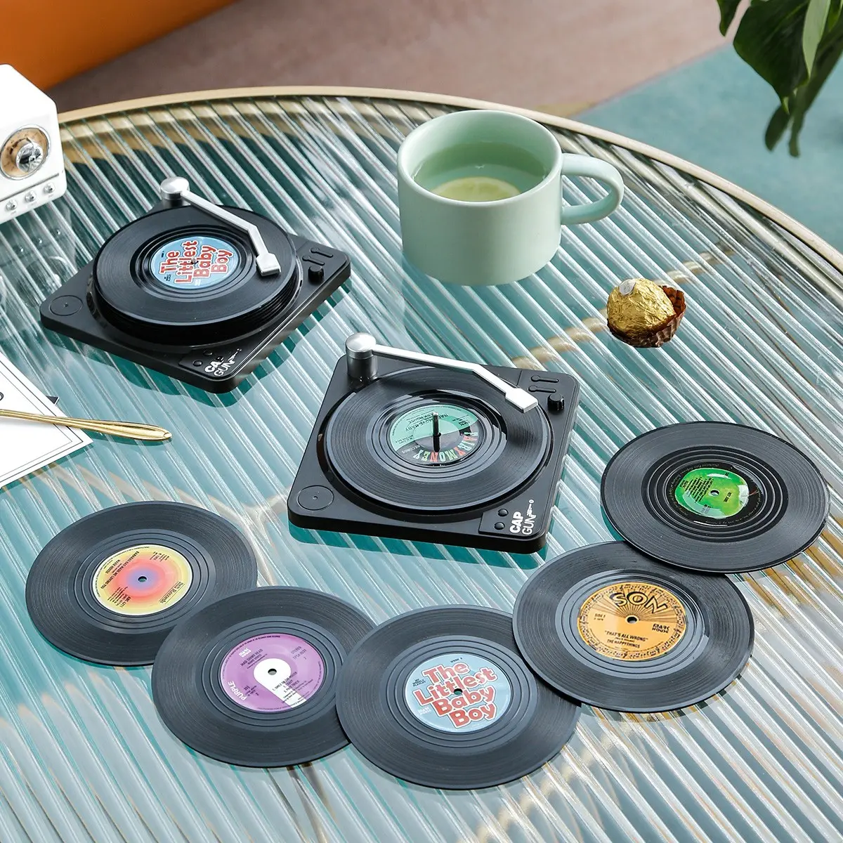 Vintage Vinyl Record Cup Mats Set of 6, Includes 1 Player Stand Mat, Coffee Table Decoration, Beverage Coasters, Drinks, Fun, Unique, Nostalgic, Decorative and Functional Music Mats, Tableware