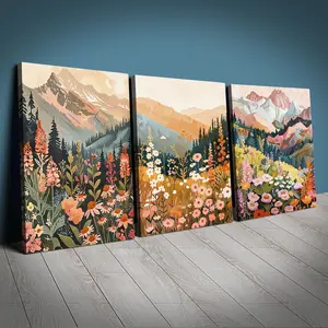 Modern Canvas Wall Art Set, 3-Piece Wrapped Canvas Prints, Mountain & Wildflower Design, Home Office Decor, Living Room Decoration