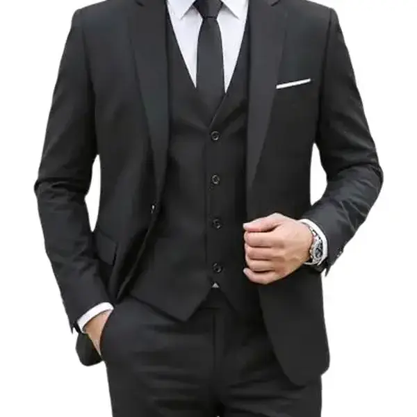 Men's 3-Piece Matching Formal Menswear Suit Set - Long Sleeve Classic 1-Button Slim Fit Solid Jacket, Vest, Pants with Tie for Prom, Wedding