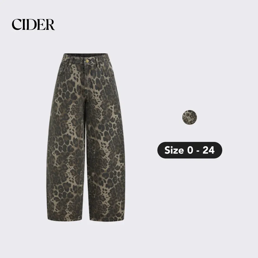 Women's Cider Leopard Print Low-Rise Barrel-Leg Jeans - Everyday Oversized Multi-Size (0-24, 2XL-20) Bottoms with Low-Rise Cut & Modern Vibe