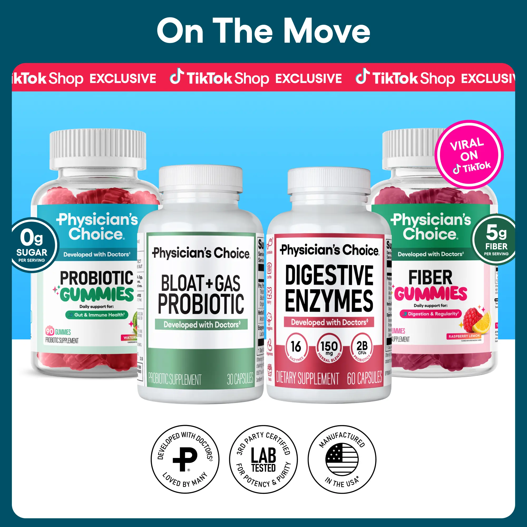 Physician's Choice On the Move Bundle: Gut Health, Digestion & Immune Support with Probiotic, Fiber Gummies & More