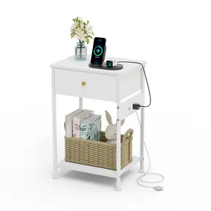 White Nightstand with Charging Station, Bedside Table with Adjustable Fabric Drawer, Night Stand for Bedroom, 2-Tier Storage End Table, for Living Room