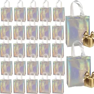 [Summervibes] A Set of 24 Holographic Silver Reusable Bags with Handles,Iridescent Gift Bag,Medium Size(8x4x10 inch),Ideal Goodie Bag for Birthday,Bachelorette Party Favors,Return Gift,Hand Tools Kits