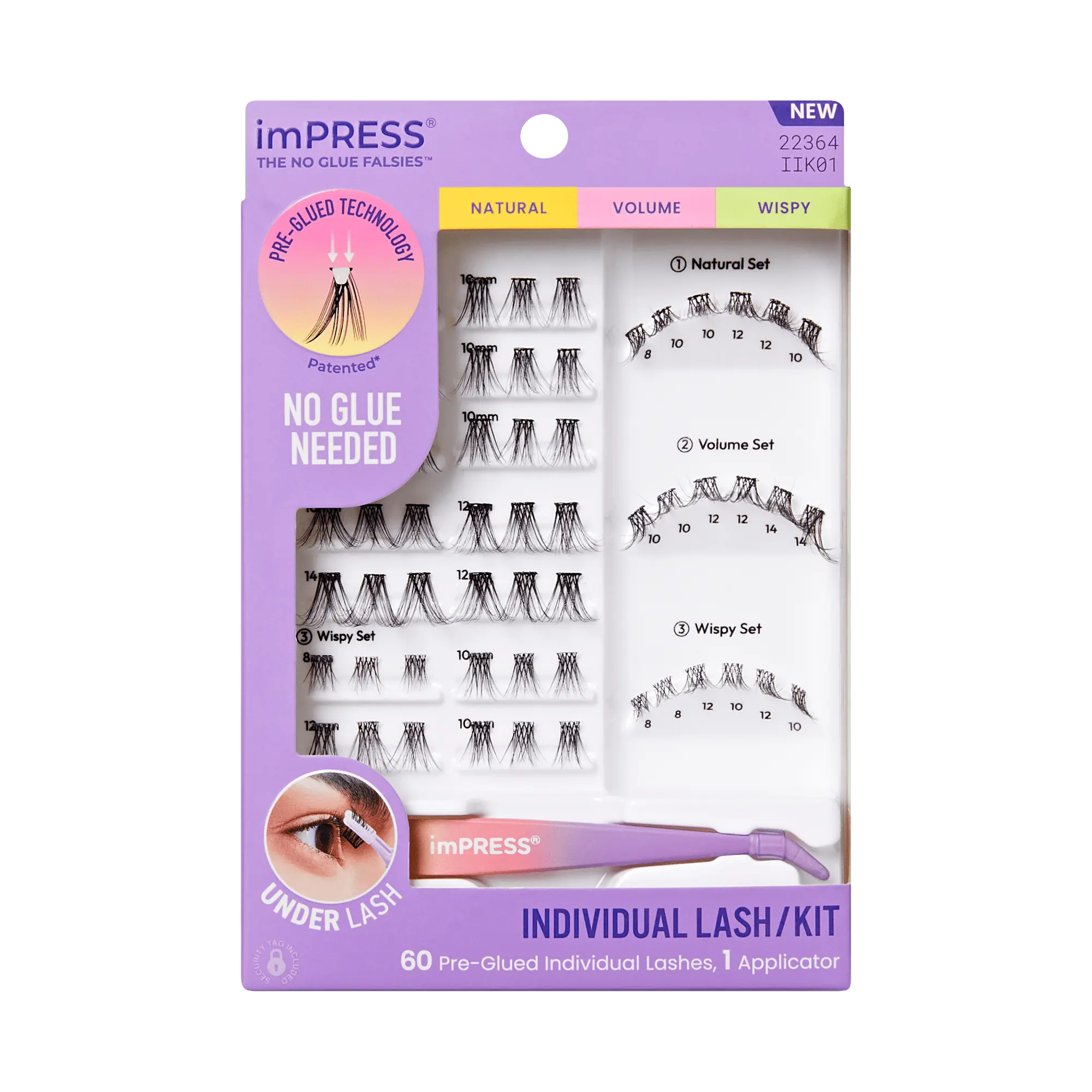Impress Falsies Pre-Glued Individual False Eyelashes Starter Kit | 60 Lash Clusters, With Applicator, 8mm-14mm