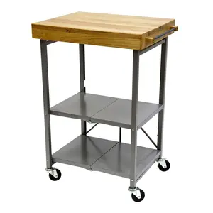 Origami Solid Wood Top Foldable Wheeled Portable Kitchen Island Bar Cart, Silver