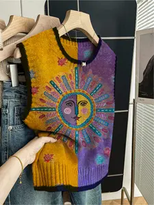 1 piece + Spring and summer back-to-school casual style loose round-neck sleeveless woolen knitted top with dark blue trim and color-blocking printed patterns. Women's outerwear for women, paired with a vest, worn alone Tanktops Sleeveless Clothes