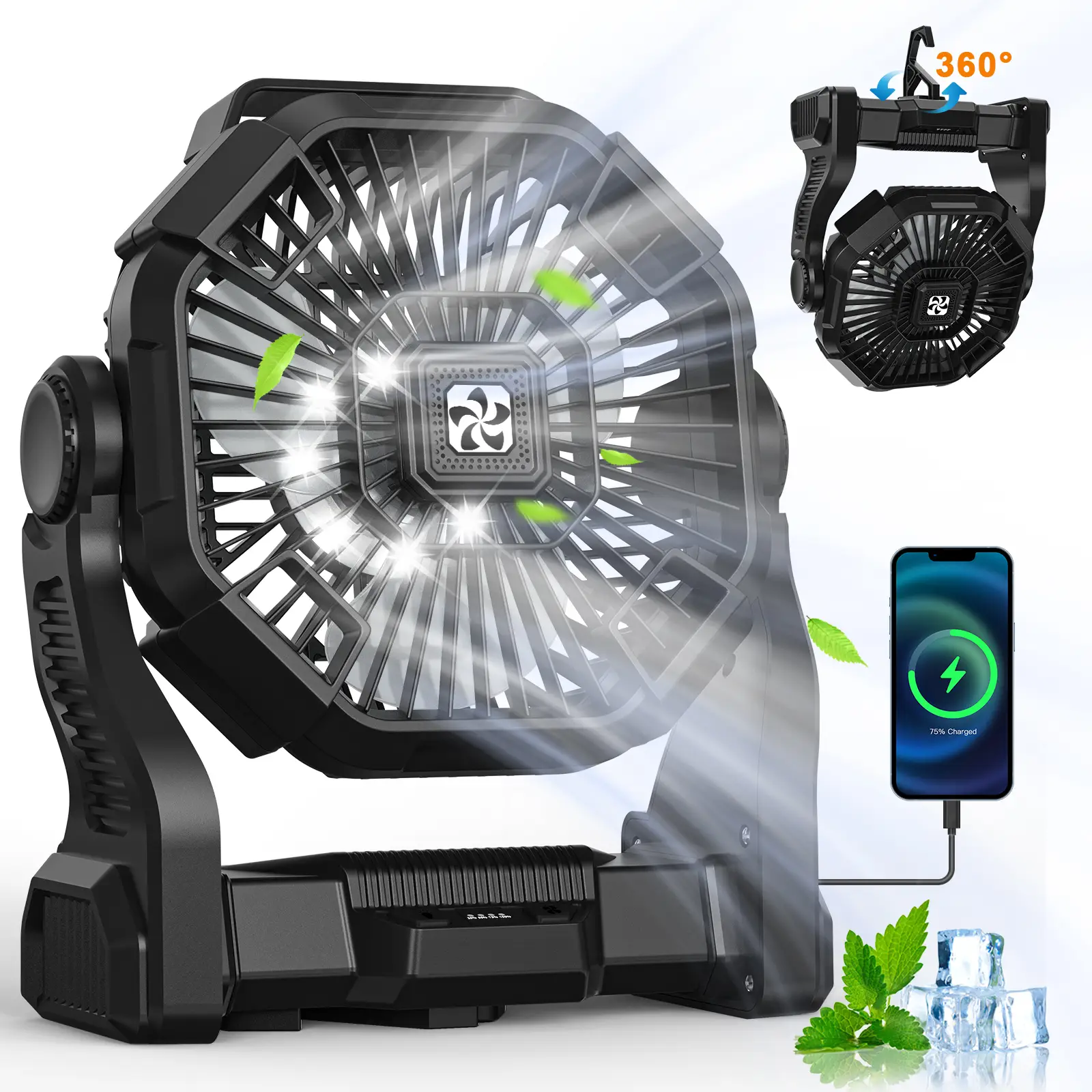 DOVILUXE 20000mAh 3-in-1 Rechargeable Camping Fan – LED Light, Power Bank & 360° Rotating 4-Speed Fan – Perfect for Camping, Travel & Emergency Use!