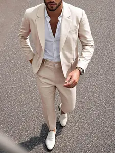 Men's Plain Slim Fit Blazer Set, Elegant Wedding Formal Wear, Long Sleeve Button Design, All-Season Suitable, Natural Waist Pants