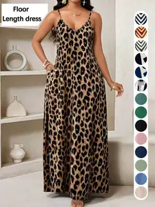 Summer Leopard Print Dress, Sleeveless Long Dress, Casual A-Line Dress with Pockets, Loose Fit, V-Neck, Beach & Travel Wear