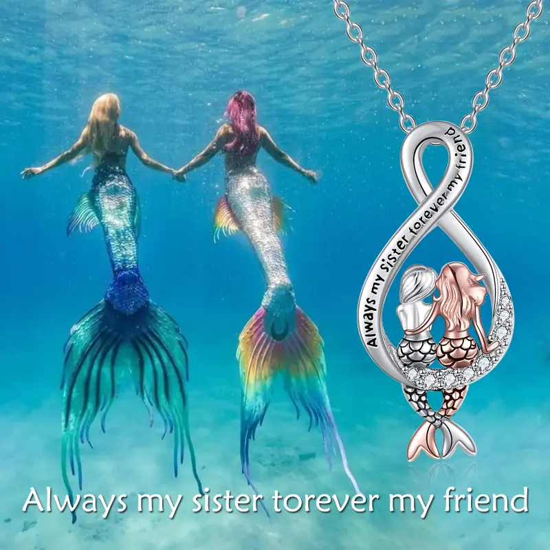 Women's 925 Sterling Silver Platinum-Plated Elegant Mermaid Infinity Necklace with Moonstone Mosaic Accent, 'Always My Sister Forever My Friend' Adult Sister Gift, Daily Wear, Gift-Ready