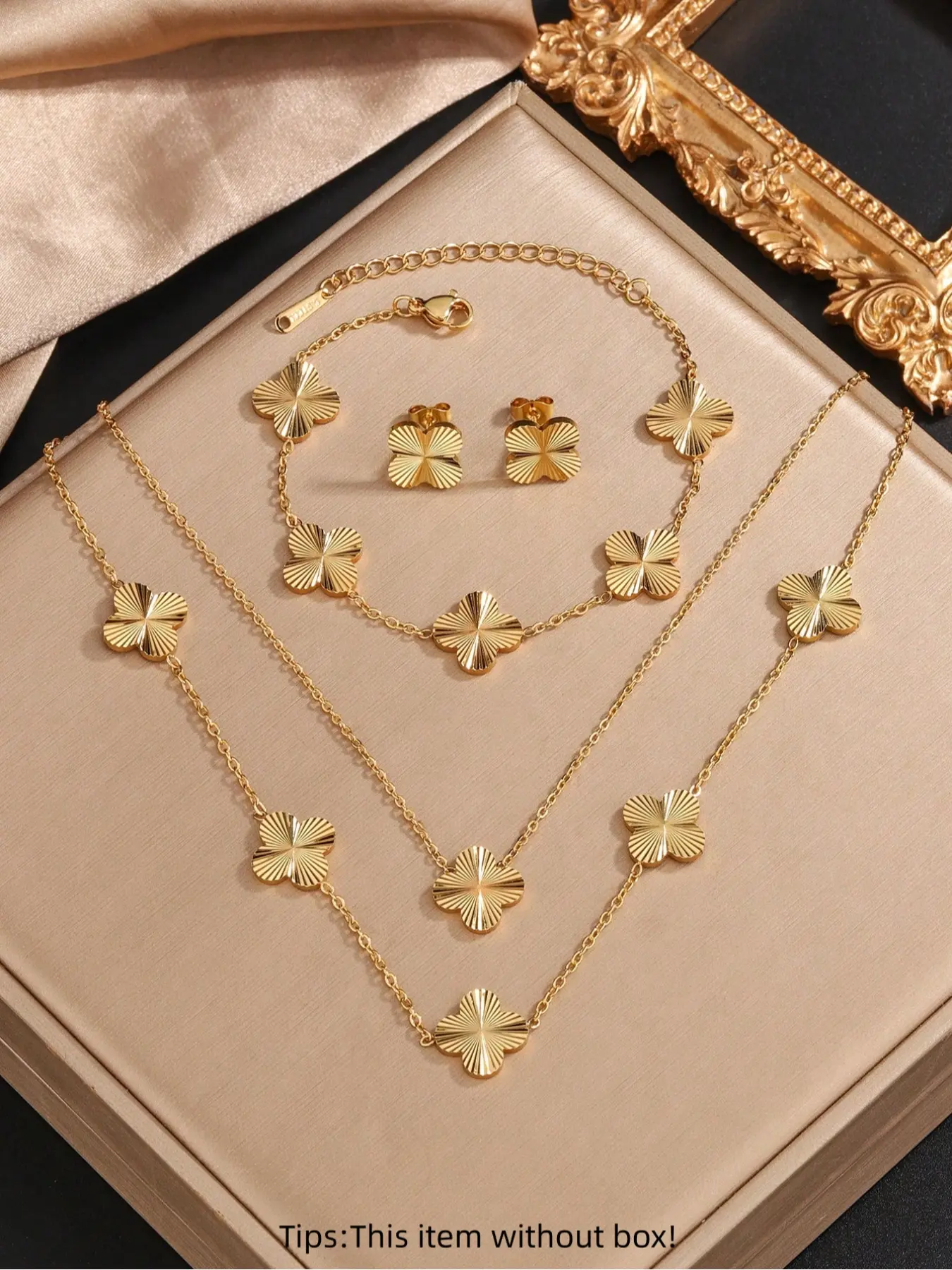 5-Piece Set Fashion Stainless Steel Four-Leaf Clover Bracelet & Necklace & Earrings, Elegant Titanium Steel Jewelry for Parties, Matching Fashionable Jewelry Set