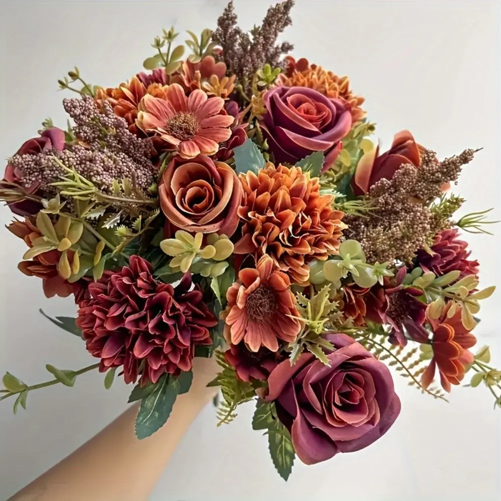 Decorative 4-Piece Fall Colors Artificial Flower Set - Silk Mums, Chrysanthemum, Rose, Daisy Bouquet, Faux Floral Ornaments for Home Indoor-Outdoor Planter, Autumn Wedding Decor -A, Fall Colors -A