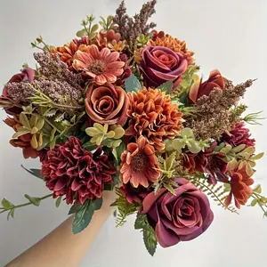 4 Pcs Fall Flowers Artificial Mums Silk Chrysanthemum Rose Daisy Bouquet Fake Mum Faux Floral Arrangements Home Indoor Outdoor Planter Decor Party Wedding Table Autumn Decoration