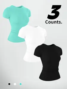 Women's Sporty Short Sleeve Round Neck T-Shirt, Breathable Quick-Dry Lightweight Top for Yoga Running Fitness Gym Wear Sweat Wicking Breathable Yoga Tops
