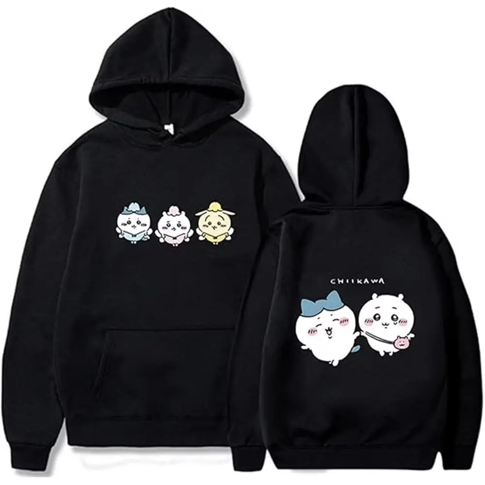 Chiikawa Graphic Print Hoodie, Casual Unisex Dacron Pullover with Long Sleeves, Funny Couple's Merch Gift, V-Neck, New Year, Full Print Hoodie, Casual Pullover Hoodies